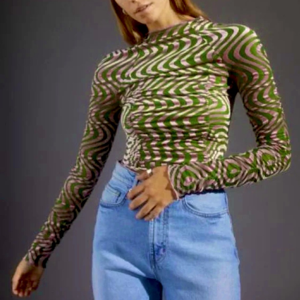 Mock neck long sleeve mesh with pink and green swirls